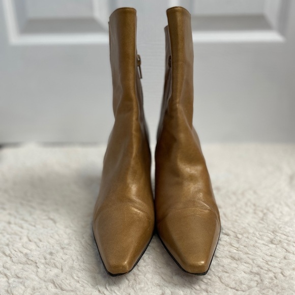 VTG Y2K Stuart Weitzman Leather Boots 7.5 Metallic Gold Pointy Toe Heels Staple - Picture 4 of 13